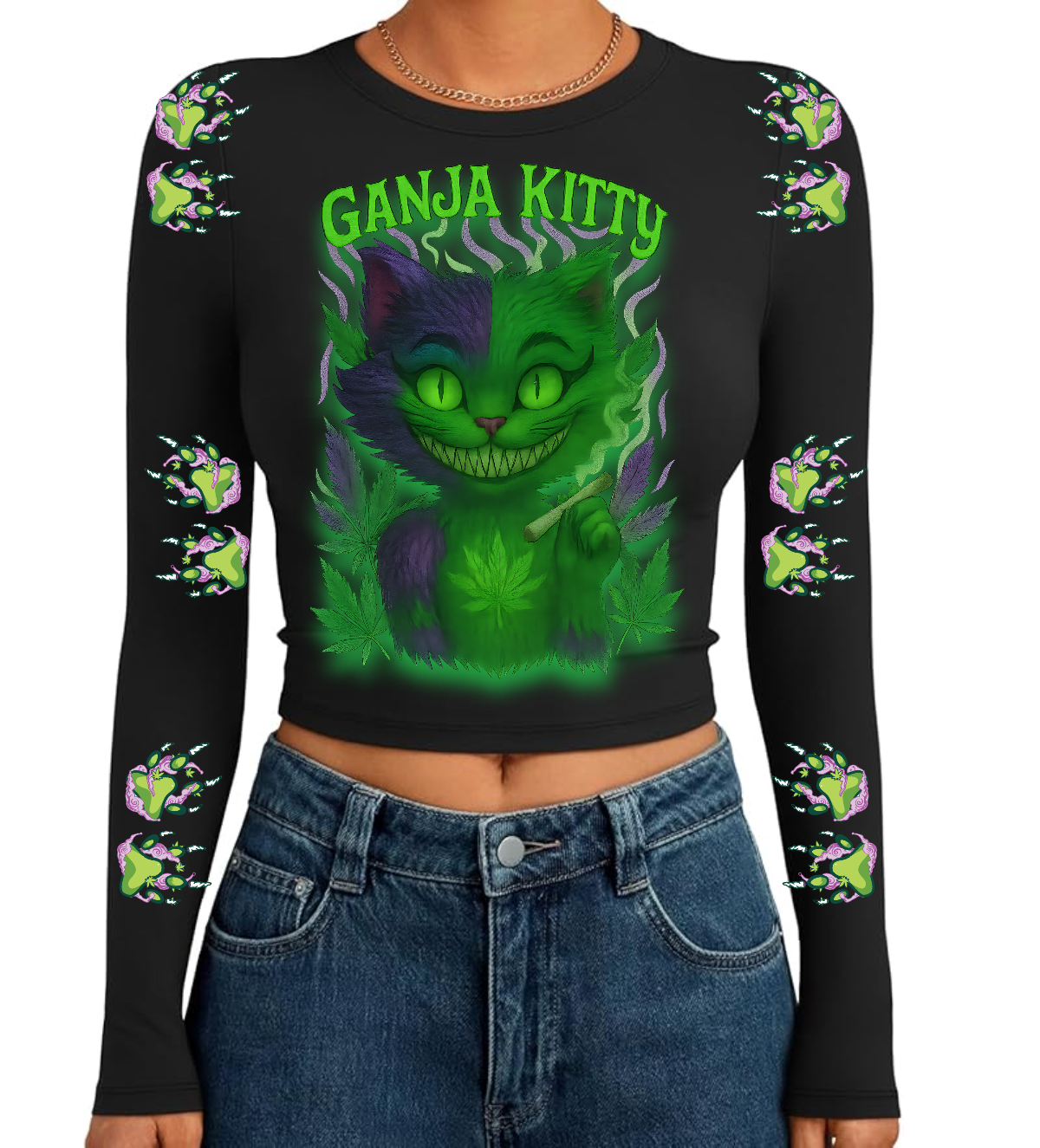 “Ganja Kitty” Long Sleeve Crop Top