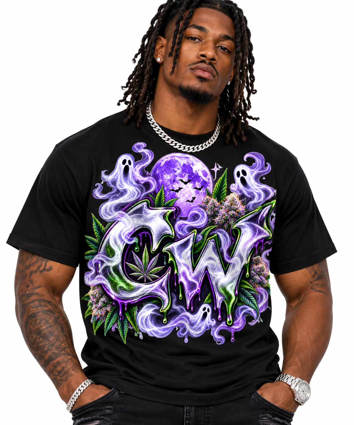 Men's Ghost Moon CW Tee by Cheeba Wear shown on a model in black.