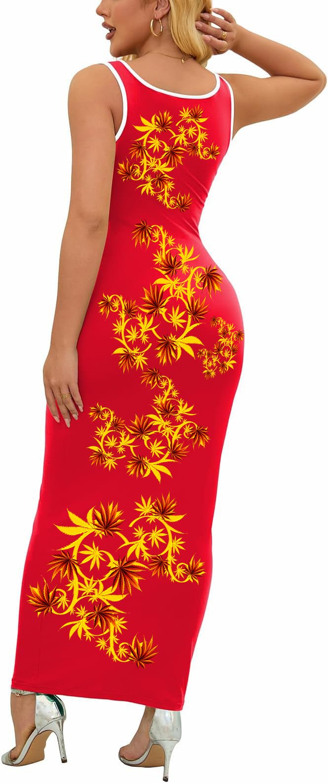 Cheeba Girl Red Kush Maxi Dress – Summer Leaf Print Sundress - Cheeba Wear