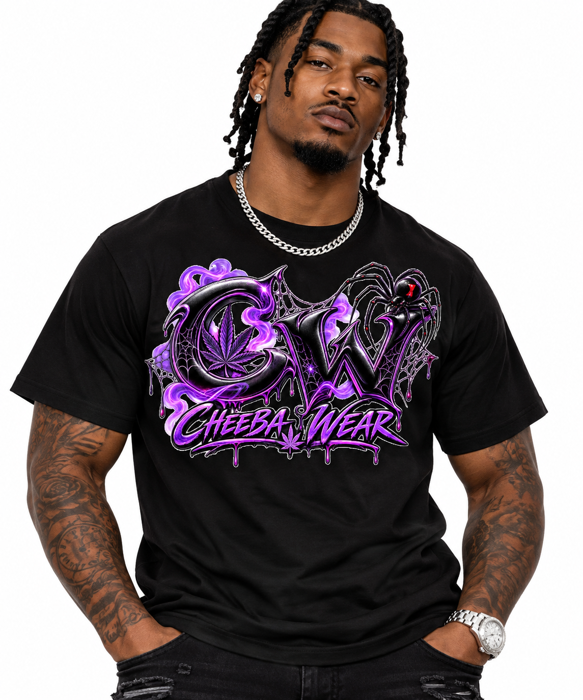 Men's Black Widow CW Tee by Cheeba Wear shown on a model in black.