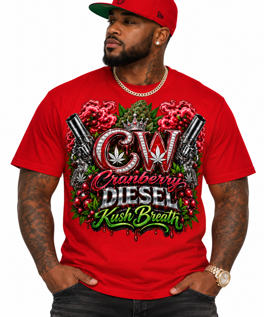 Men's CW Cranberry Diesel Kush Breath Tee by Cheeba Wear shown on a model in red.