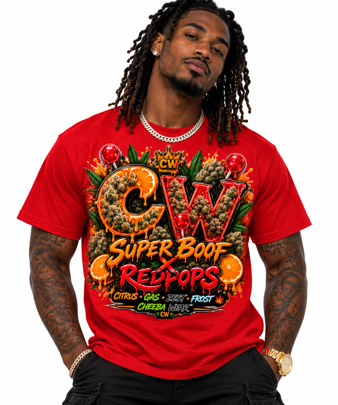 Men's Super Boof x Redpops Tee by Cheeba Wear shown on a model in red.